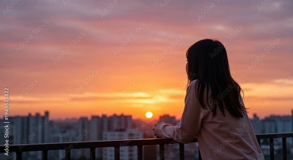 Fototapeta premium Sunset Contemplation: A woman stands on a balcony, gazing at a breathtaking sunset, reflecting on the beauty of the day's end and the promise of a new dawn.