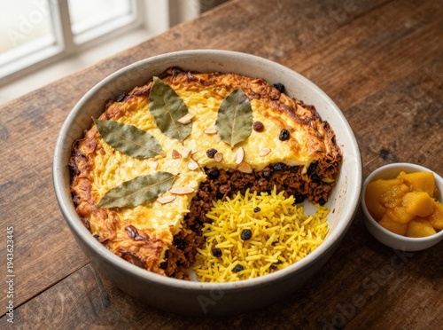 Sliced traditional Persian Tahchin showing saffron rice and meat layers in a ceramic casserole. Gourmet Middle Eastern dinner on wooden table with side of pickles.
