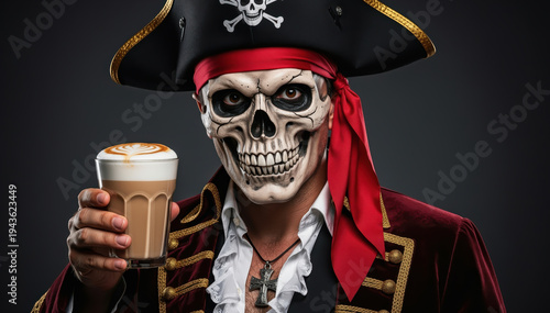 The Pirate's Brew: A captivating image of a swashbuckling pirate, adorned in classic attire, raising a mug of a rich, creamy beverage. A blend of adventure and indulgence.