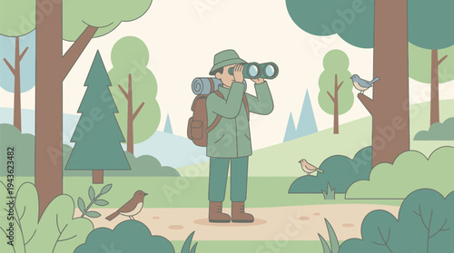 Hiker with Binoculars Exploring Forest Nature Scene.
