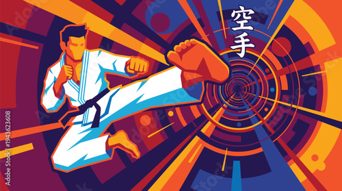 Martial Artist Performing High Kick in Action.