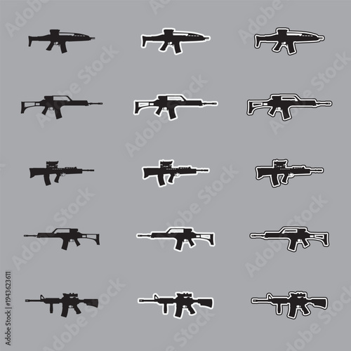 Set of assault rifle silhouette icons with sticker and outline styles, military tactical weapon vectors isolated on gray background.