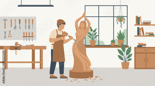 Art Conservator Restoring Classical Sculpture in Workshop.