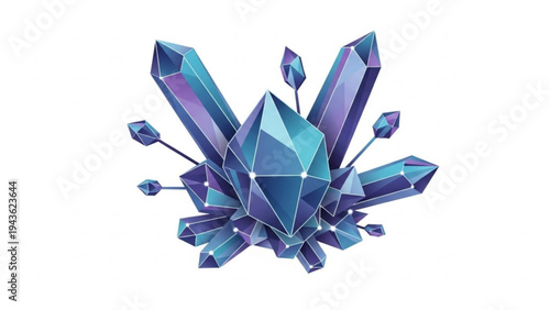 Vibrant purple blue crystal cluster on white background geometric shapes sparkling mineral formation