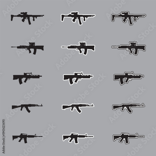 Set of assault rifle silhouette icons with sticker and outline styles, military tactical weapon vectors isolated on gray background.