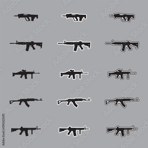 Set of assault rifle silhouette icons with sticker and outline styles, military tactical weapon vectors isolated on gray background.