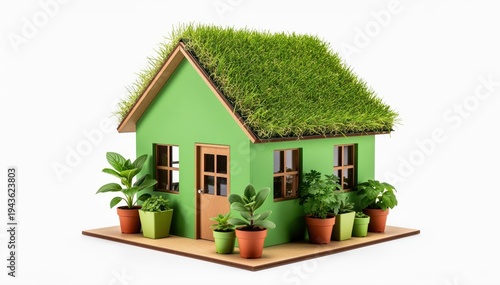 Green Oasis Home: A charming miniature house with a lush green roof and surrounded by potted plants, representing sustainable living and eco-friendly design.