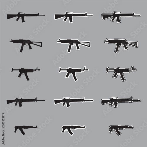 Set of assault rifle silhouette icons with sticker and outline styles, military tactical weapon vectors isolated on gray background.