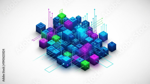 Vibrant 3d cubes with glowing lines and neon colors on white background representing futuristic technology and data visualization