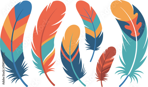 colorful decorative feathers with vibrant patterns for boho design ethnic stationery jewelry branding and artistic projects.