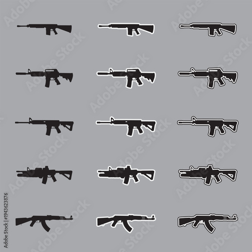 Set of assault rifle silhouette icons with sticker and outline styles, military tactical weapon vectors isolated on gray background.