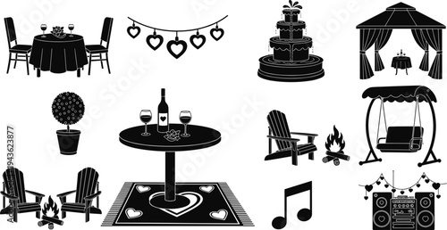 Black vector silhouette collection of romantic date night elements featuring candlelit dinner tables, heart decorations, outdoor fountains, garden swings, campfires, and musical entertainment icons.
