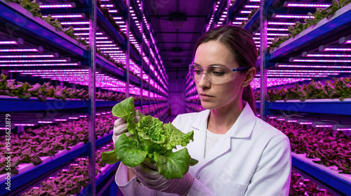 Female Scientist in Lab Coat Inspecting Lettuce in Vertical Farm