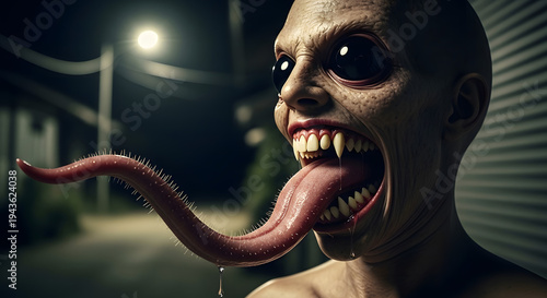 Scary bald demonic creature with large black eyes and a long spiked tongue dripping saliva in a dark urban night setting.