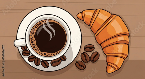 Steaming cup of coffee and croissant on a wooden table with coffee beans
