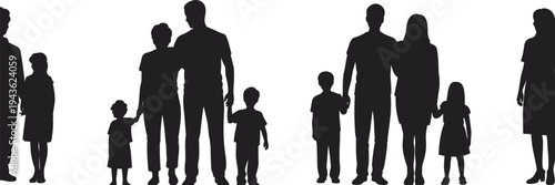 Family silhouettes, parent child icons, group vector, social clipart, demographic design, community motif, people symbol, relationship illustration, lifestyle graphic, concept art