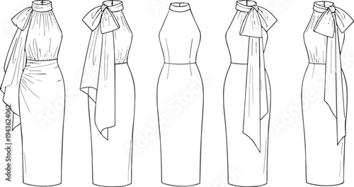 Fashion sketches, elegant dress vector, designer clipart, runway motif, stylish icon, couture illustration, sheath silhouette, bow detail, chic graphic, concept art