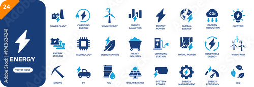 Energy icon collection featuring oil, heavy industry, wind energy, EV, hydro power and energy storage symbols. Solid vector icons.