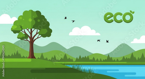Eco friendly landscape with tree lake mountains and birds in a serene natural environment