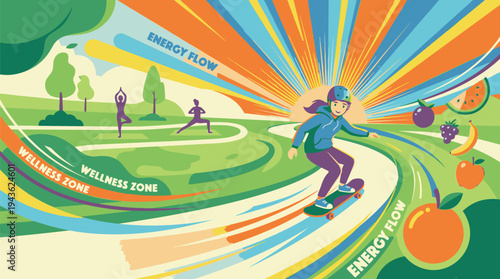 Skateboarder Performing Tricks on Vibrant Skate Park.