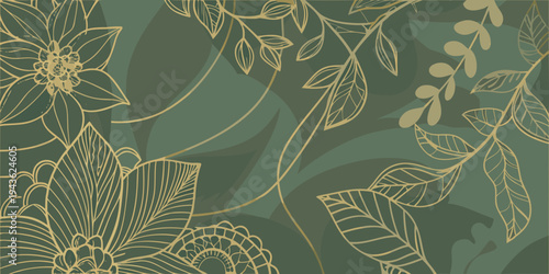 Elegant botanical illustration featuring golden leaves and floral designs
