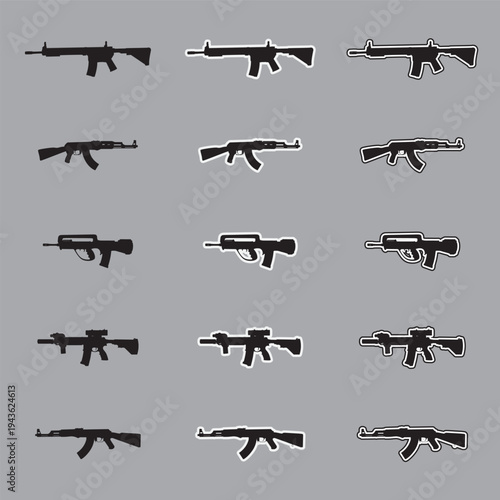 Set of assault rifle silhouette icons with sticker and outline styles, military tactical weapon vectors isolated on gray background.
