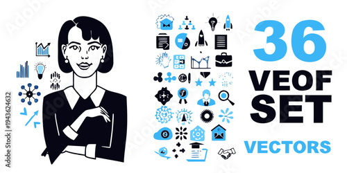 Businesswoman portrait surrounded by diverse vector icons and a large number