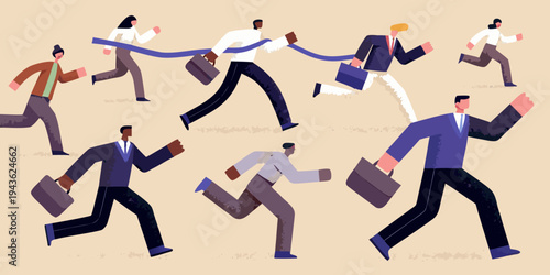 Businesspeople race towards a finish line carrying briefcases