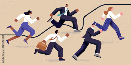 Diverse business professionals energetically running forward on winding pathways