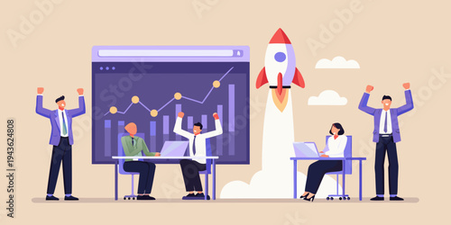 Team celebrates a successful rocket launch depicted on a computer screen