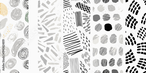 Abstract brushstrokes and patterns in grayscale with a touch of gold