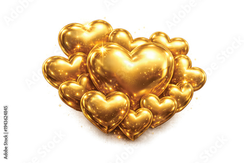 A gleaming cluster of golden heart shapes, reflecting light and exuding a sense of luxury and affection, perfect for romantic themes