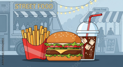 Street food meal with burger fries and soda in front of food truck at night