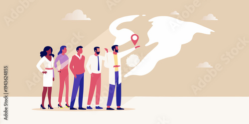 Team of professionals pointing at a map representing global business strategy