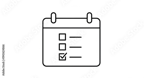 Simple black line art calendar icon with checklist on a white background for organization and planning