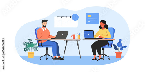 Two colleagues collaborate on laptops in a modern abstract workspace