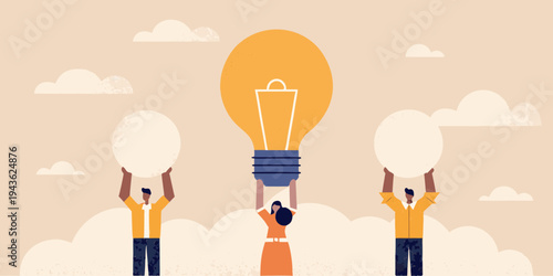 People collaboratively lifting a glowing lightbulb above the clouds