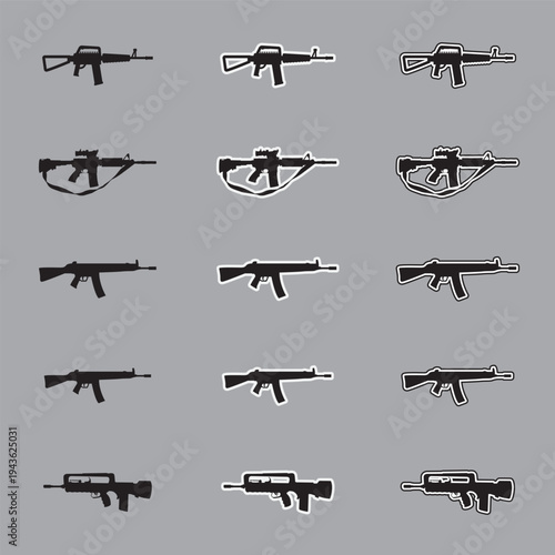 Set of assault rifle silhouette icons with sticker and outline styles, military tactical weapon vectors isolated on gray background.