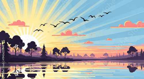 Serene lake scene at sunset with birds flying over trees and calm water reflection