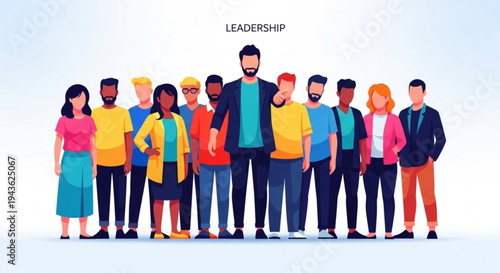 Diverse group of people standing together in a line representing teamwork leadership and collaboration with a gradient background