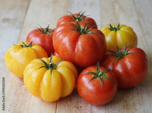 Fresh red and yellow heirloom tomatoes pile on a light wooden table background
