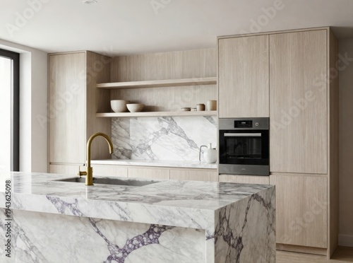 Luxury modern kitchen interior with white marble island countertop, light wood cabinetry, open shelves and gold faucet near window
