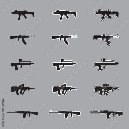 Set of assault rifle silhouette icons with sticker and outline styles, military tactical weapon vectors isolated on gray background.