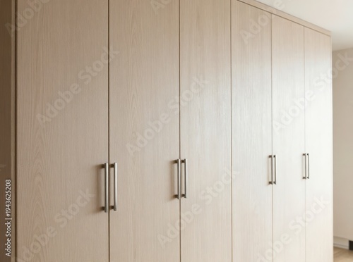 Tall light wood wardrobe with sleek vertical metal handles in a modern minimalist room interior
