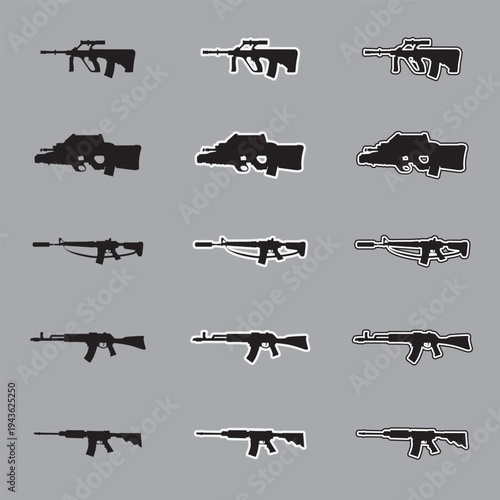 Set of assault rifle silhouette icons with sticker and outline styles, military tactical weapon vectors isolated on gray background.