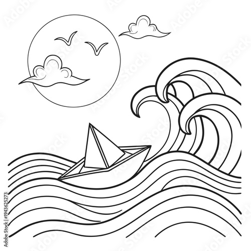 Big waves and paper boat coloring page with sun and clouds line art vector illustration for kids educational activity and creative coloring sessions