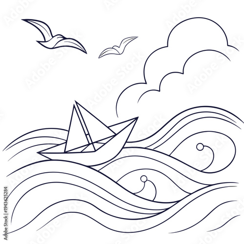 Artistic paper boat coloring page featuring decorative ocean waves and flying birds line art vector illustration for children creative hobby projects