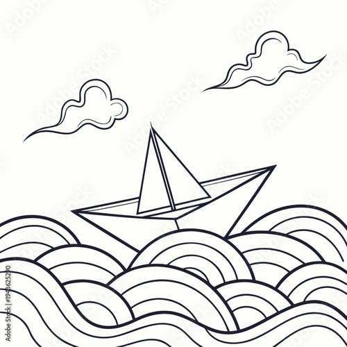 Black and white simple coloring page of paper boat floating on gentle ocean waves under sky with two stylized clouds