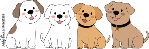 cute puppy dog characters in various colors and breeds for children book nursery illustration and pet.
