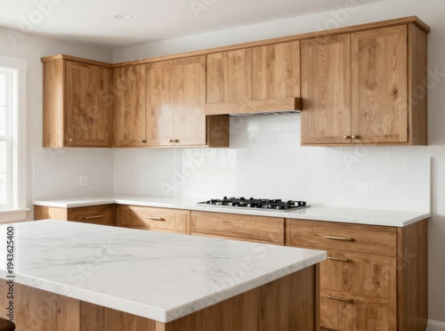 Bright modern kitchen interior with light wood cabinetry and white marble countertops featuring a large central island
